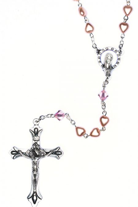 Pink Pearlized Glass Heart Rosary