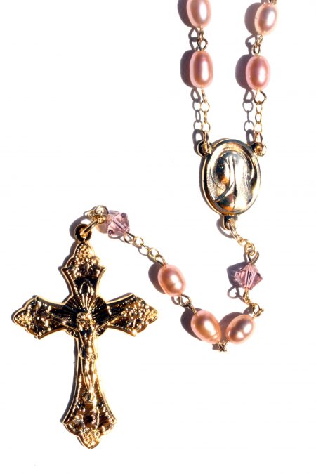 Pink Cultured Freshwater Pearl Rosary (Gold)