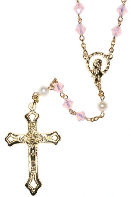 Rose Water Opal Austrian Crystal Rosary - Gold (October)